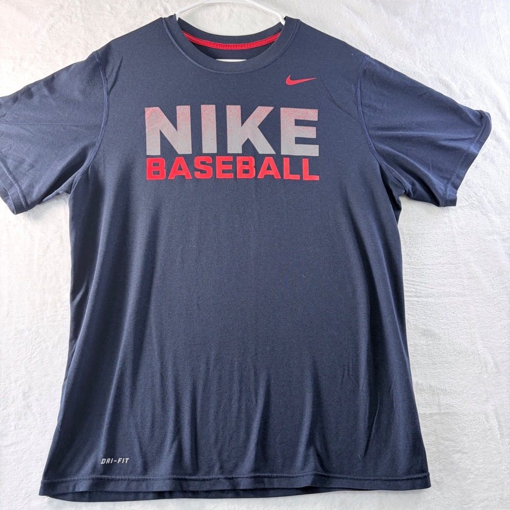 Nike Baseball T-Shirt Dri-Fit Navy Blue Graphic Print Swoosh Logo Size L